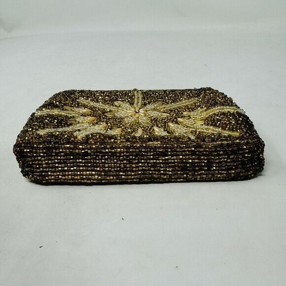 Gold Evening Bag beaded 7”‎ Kiss Lock Vintage - Picture 5 of 9